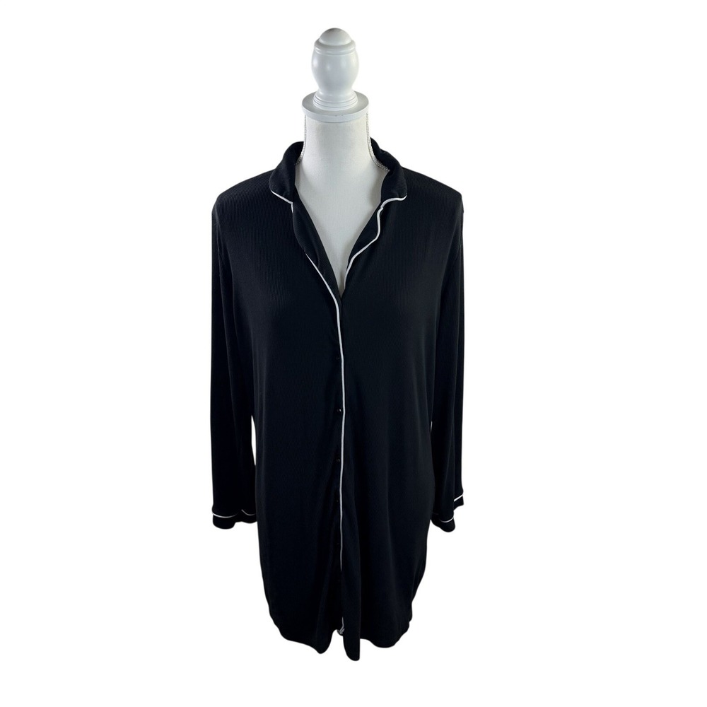 Nicole Miller Women's Pajama Top Black White Piping Ribbed Button Front Small